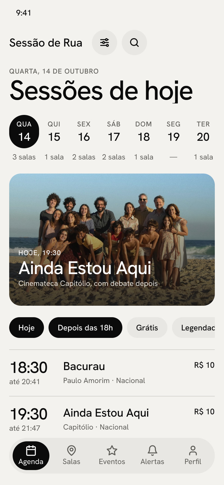 Agenda do dia: faixa de dias com quantas salas têm sessão em cada dia, filme em destaque, filtros rápidos e lista de sessões com a hora em destaque e o nome da sala