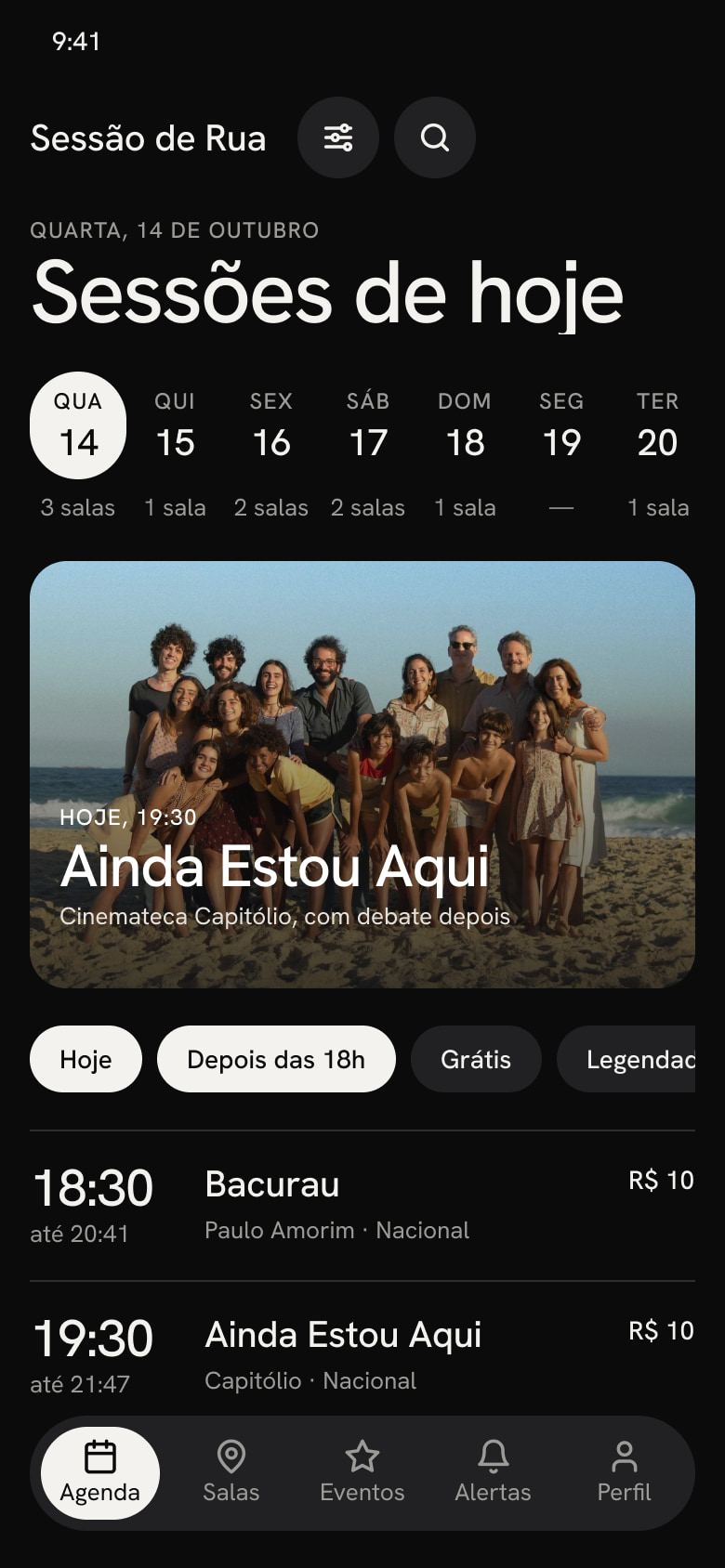Agenda do dia no modo escuro