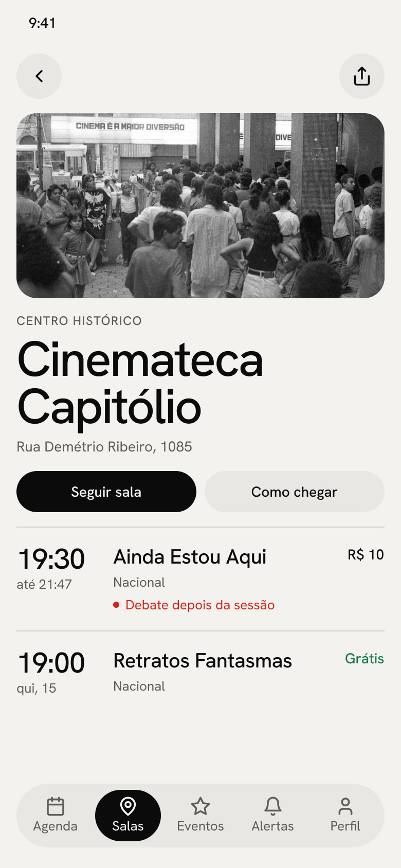 Página da Cinemateca Capitólio, com os botões Seguir sala e Como chegar e as sessões da sala