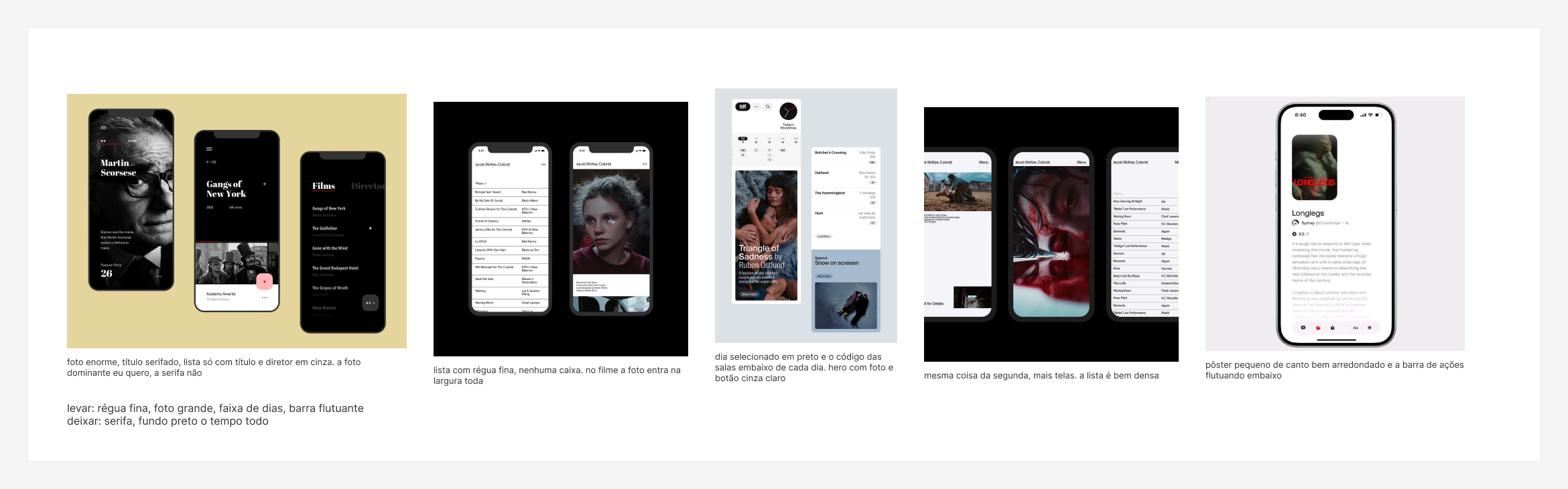 Quadro com cinco referências de apps e sites de cinema salvas no Cosmos, cada uma com uma nota do que foi aproveitado
