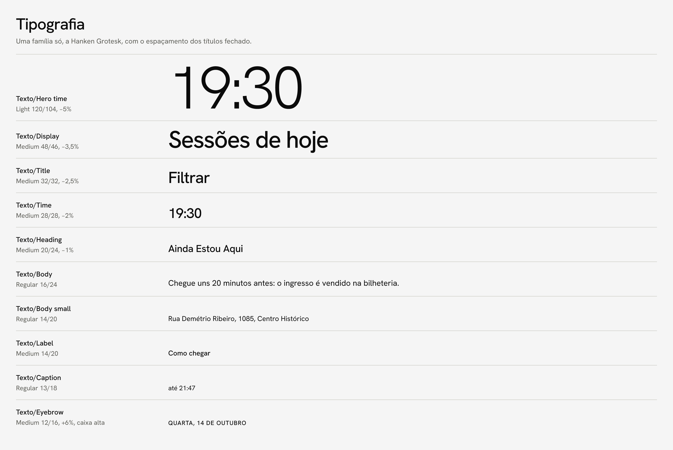 Escala tipográfica da Hanken Grotesk, de 120 para a hora em destaque a 12 para o rótulo, com um exemplo de cada estilo