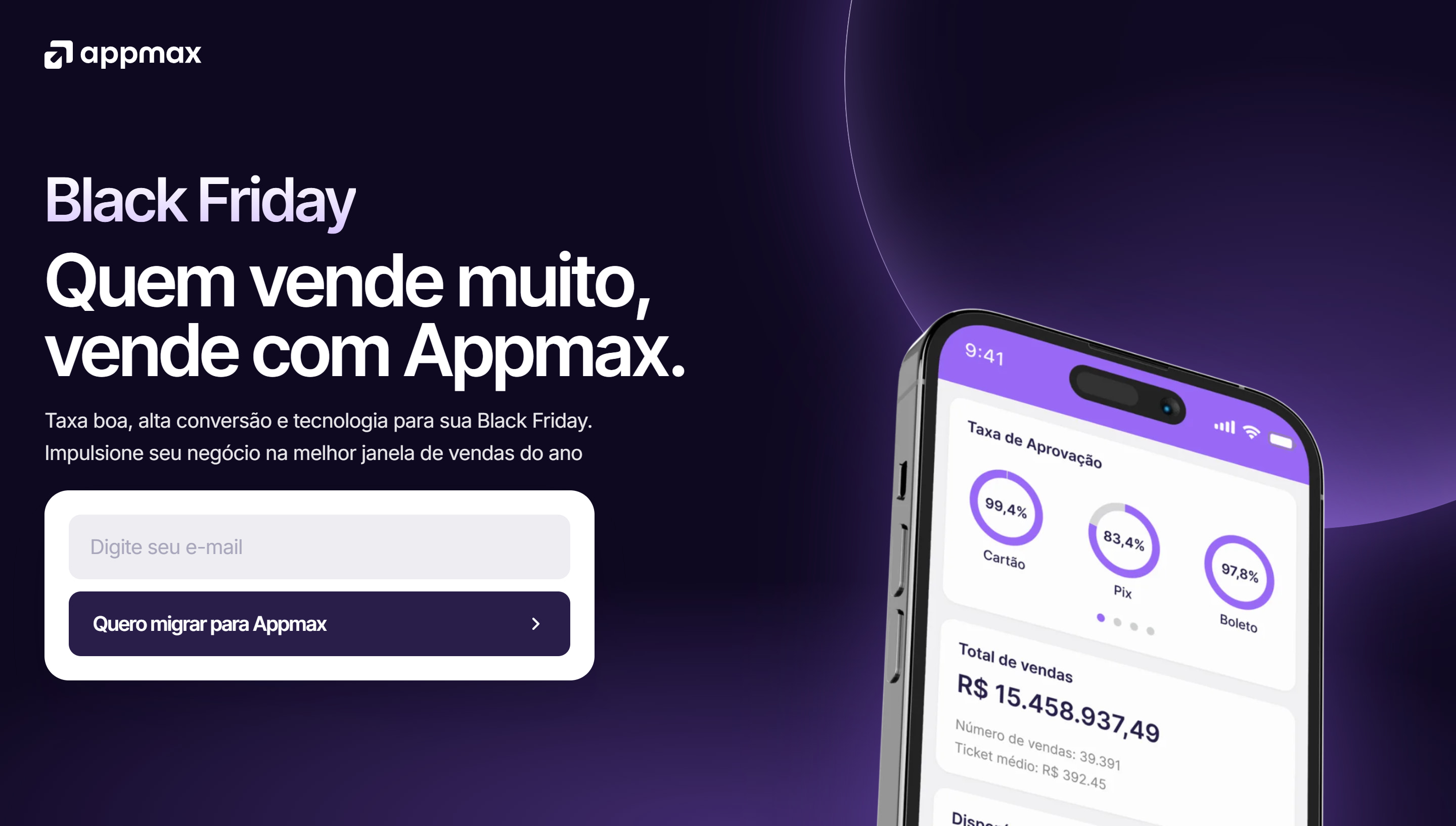 Versão aprovada: logo, título, campo de e-mail e botão Quero migrar para Appmax