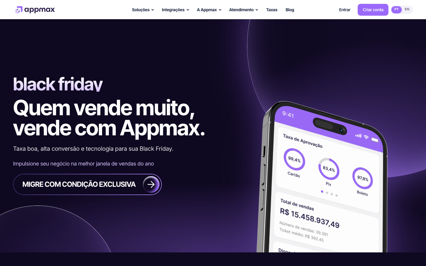 Primeira versão: menu completo do site no topo e botão Migre com condição exclusiva