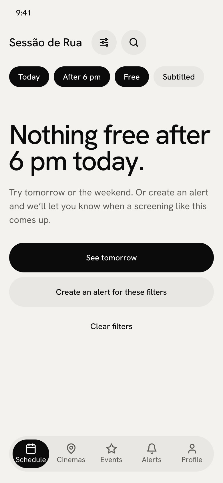 No results state: Nothing free after 6 pm today, with the buttons See tomorrow and Create an alert for these filters