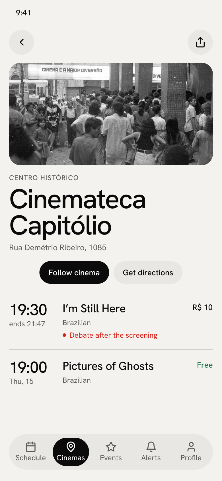 Cinemateca Capitólio’s page, with the Follow cinema and Get directions buttons and the cinema’s screenings