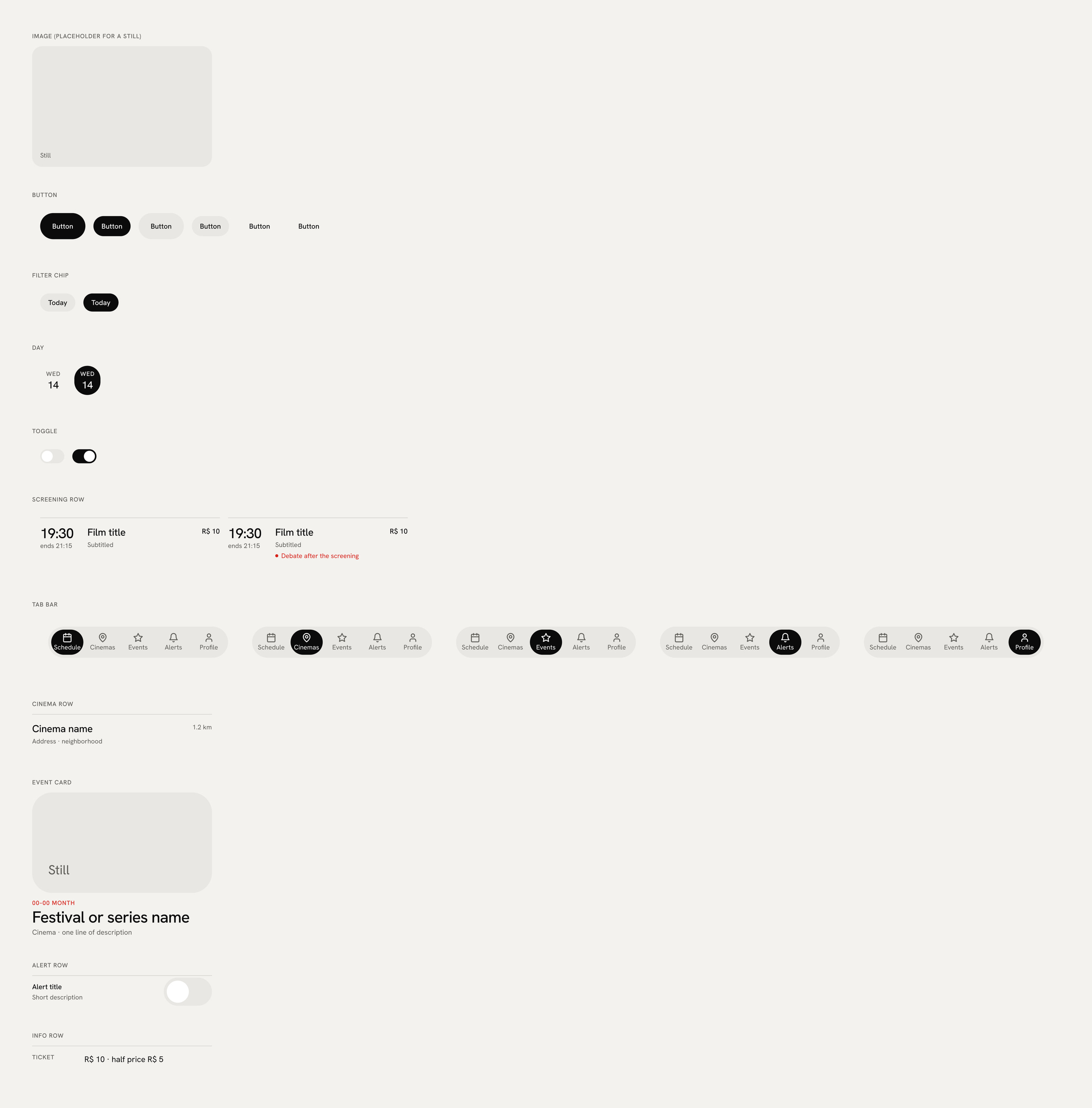 Component library: button, filter chip, day, toggle, screening row, tab bar, cinema row, event card, alert row and info row