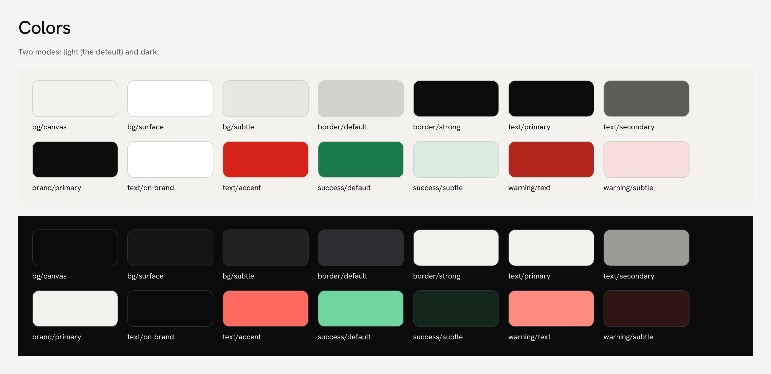 The app’s palette in light and dark mode, with the token names