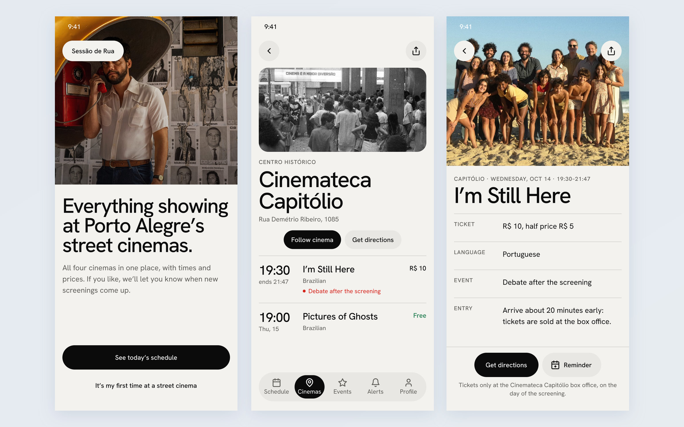 Three screens of the Sessão de Rua app: welcome, the Cinemateca Capitólio page and a screening’s details