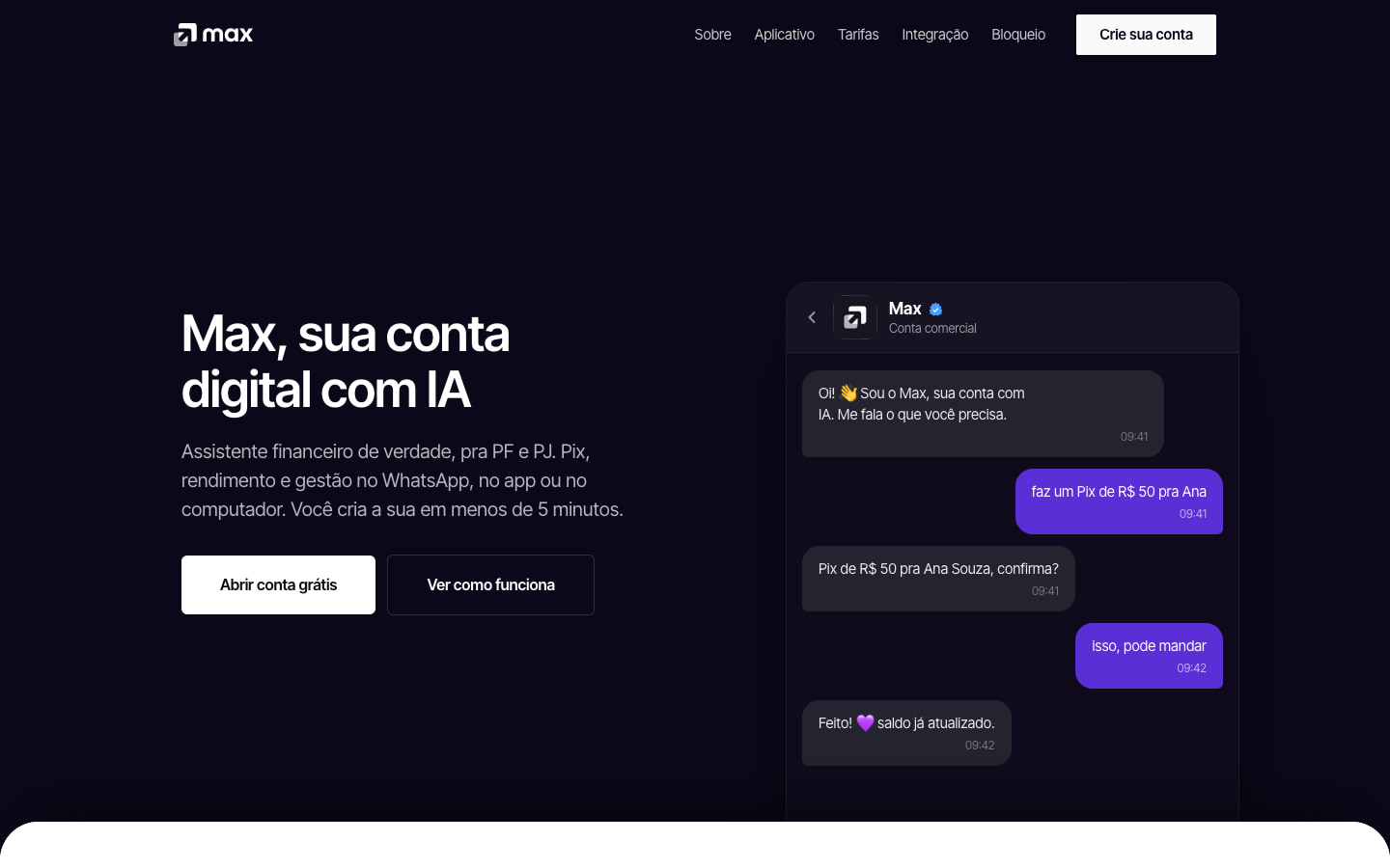 First direction for the new homepage: headline on the left and a conversation with the Max assistant on the right, on a dark background. In Portuguese
